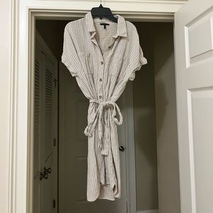 Beige striped linen short sleeve dress